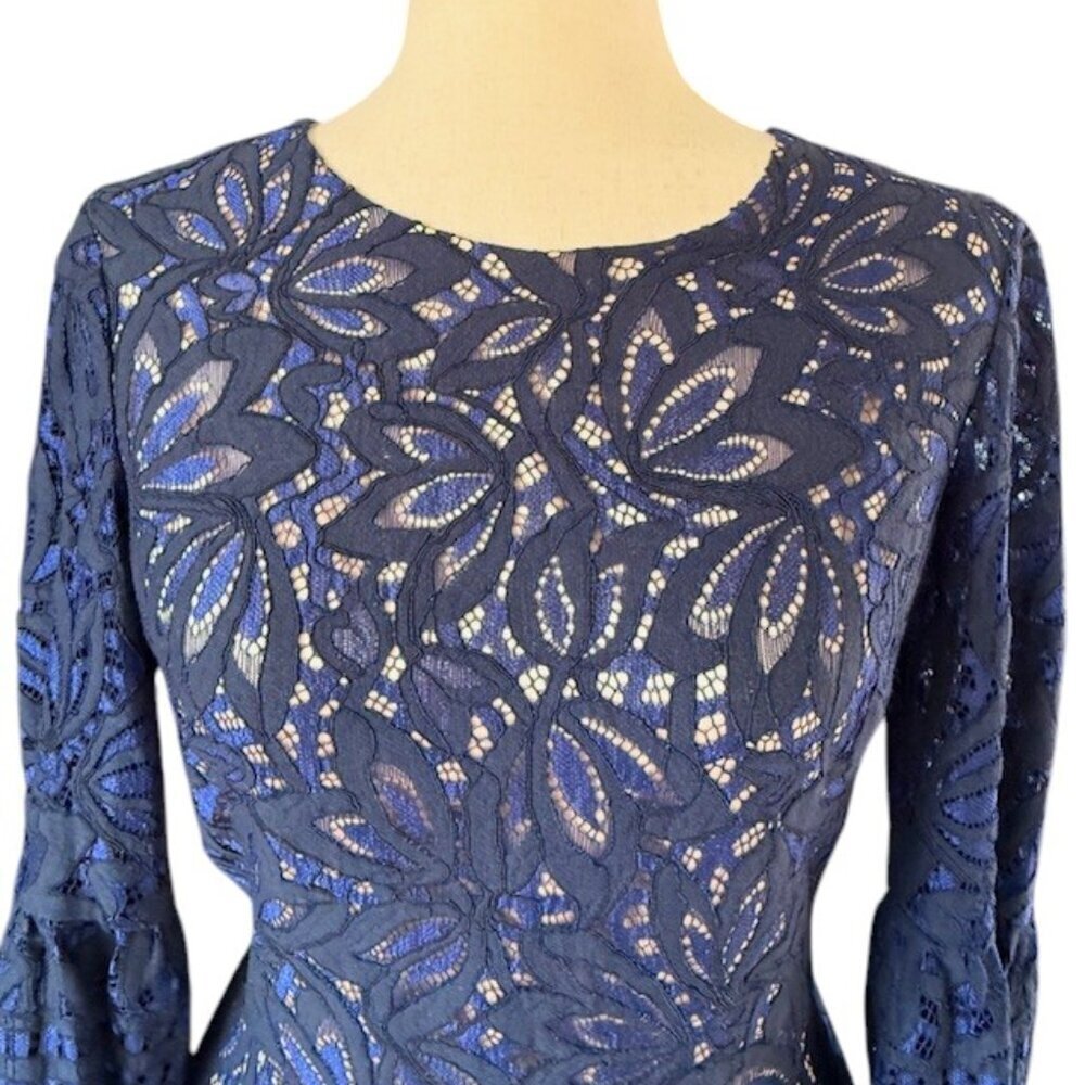 ELIZA J Reverie Navy Blue Nude Lined Lace Dress Bell Sleeves Fit Flare Size 8 - Picture 6 of 16
